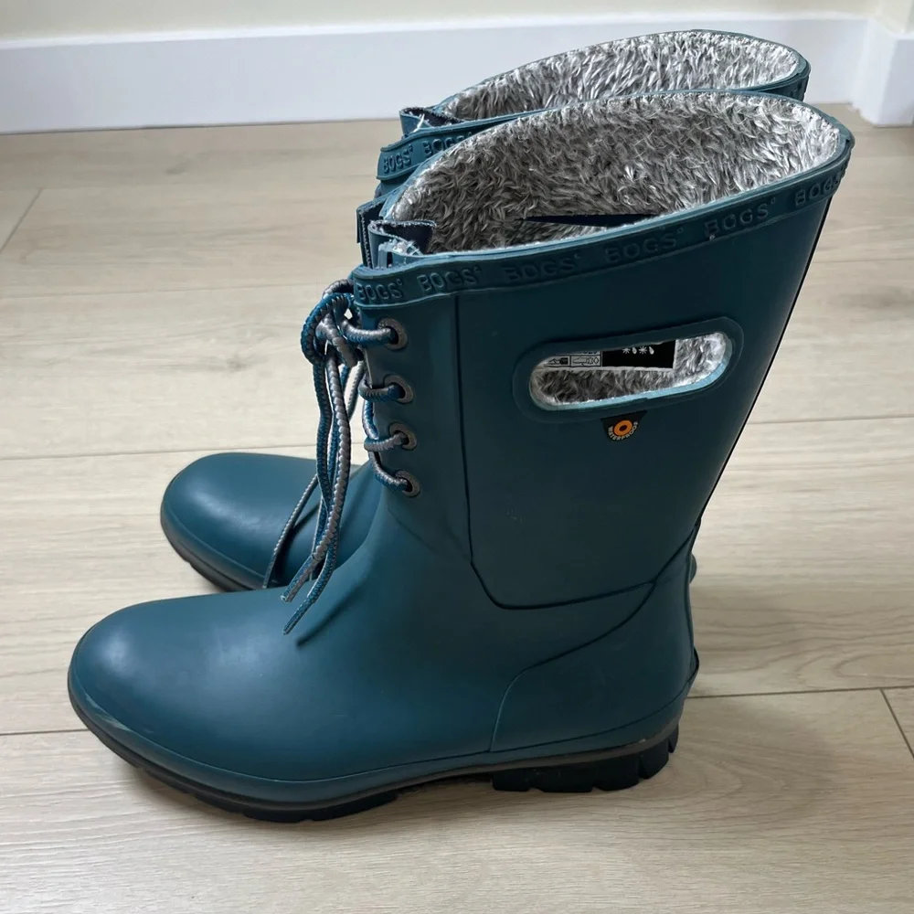 BOGS Amanda Rain Boots With Plush Lining Waterproof Women 9 LaceUp Turquoise - Picture 7 of 13